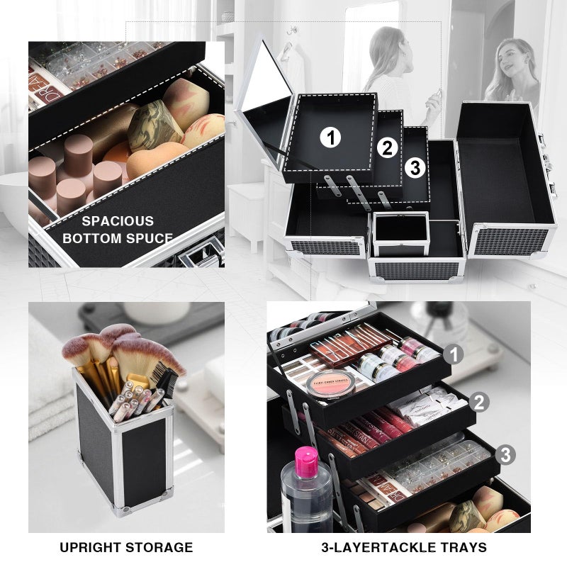 Joligrace Makeup Train Case Makeup Case 3-Tray Cosmetic Box with Mirror, Shine Black, 11.8-in Large Makeup Box with Detachable Brush Holder, Lockable Portable Makeup Travel Organizer Case - Image 3